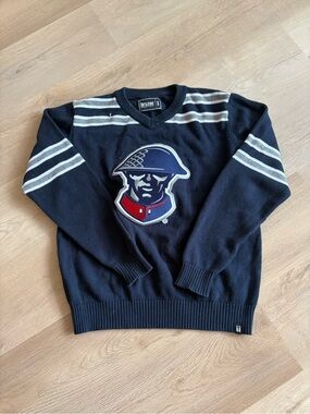 Navy V-Neck Stripe Sweater with Helmet Logo